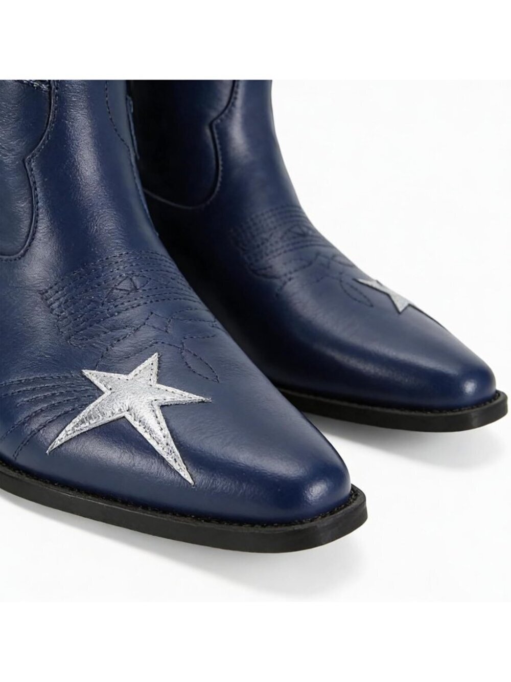 Women’s Navy Blue Mid Calf Western Pull On Cowgirl Boots with Star Embroidery - Picture 6 of 7